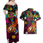 Broncos Autism Awareness Couples Matching Off Shoulder Maxi Dress and Hawaiian Shirt Puzzle Flames Rugby Ball