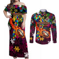 Broncos Autism Awareness Couples Matching Off Shoulder Maxi Dress and Long Sleeve Button Shirt Puzzle Flames Rugby Ball