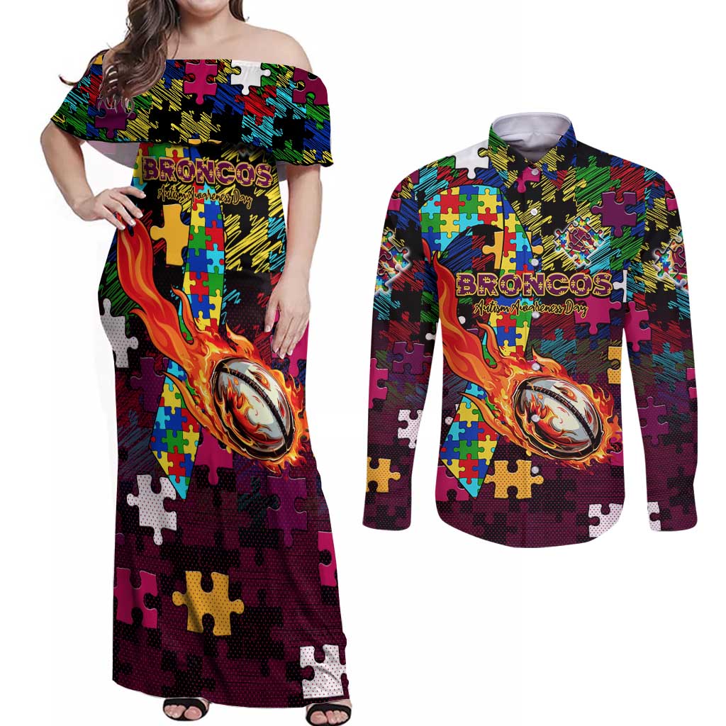 Broncos Autism Awareness Couples Matching Off Shoulder Maxi Dress and Long Sleeve Button Shirt Puzzle Flames Rugby Ball
