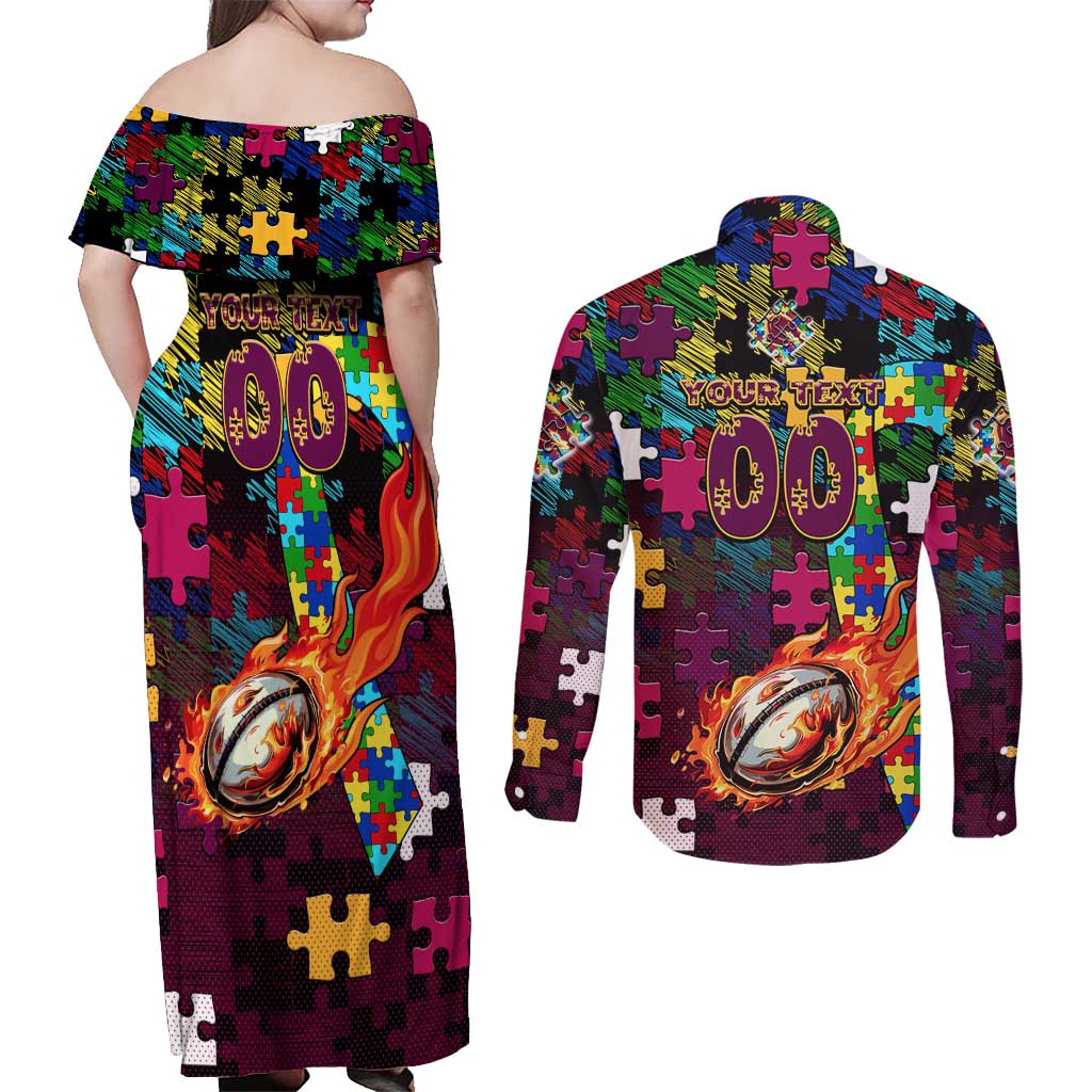 Broncos Autism Awareness Couples Matching Off Shoulder Maxi Dress and Long Sleeve Button Shirt Puzzle Flames Rugby Ball