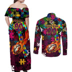 Broncos Autism Awareness Couples Matching Off Shoulder Maxi Dress and Long Sleeve Button Shirt Puzzle Flames Rugby Ball