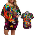 Broncos Autism Awareness Couples Matching Off Shoulder Short Dress and Hawaiian Shirt Puzzle Flames Rugby Ball