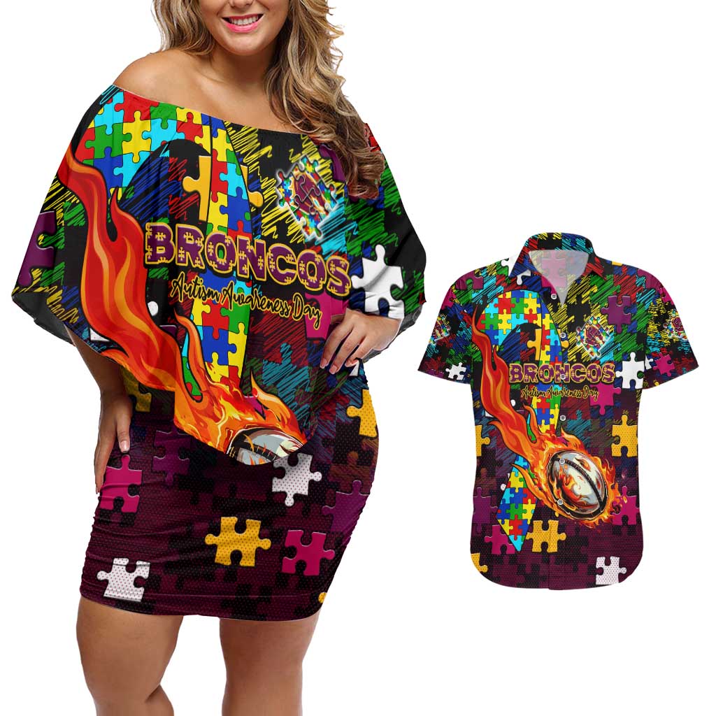 Broncos Autism Awareness Couples Matching Off Shoulder Short Dress and Hawaiian Shirt Puzzle Flames Rugby Ball