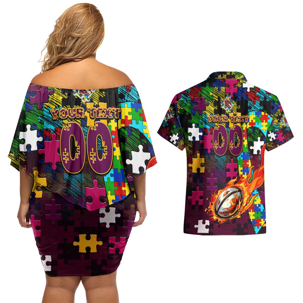 Broncos Autism Awareness Couples Matching Off Shoulder Short Dress and Hawaiian Shirt Puzzle Flames Rugby Ball