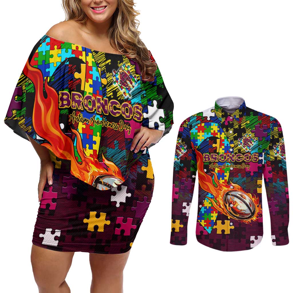 Broncos Autism Awareness Couples Matching Off Shoulder Short Dress and Long Sleeve Button Shirt Puzzle Flames Rugby Ball
