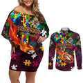 Broncos Autism Awareness Couples Matching Off Shoulder Short Dress and Long Sleeve Button Shirt Puzzle Flames Rugby Ball