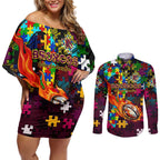 Broncos Autism Awareness Couples Matching Off Shoulder Short Dress and Long Sleeve Button Shirt Puzzle Flames Rugby Ball
