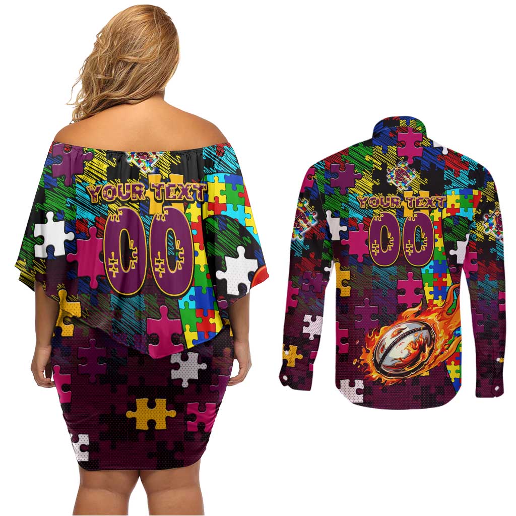 Broncos Autism Awareness Couples Matching Off Shoulder Short Dress and Long Sleeve Button Shirt Puzzle Flames Rugby Ball