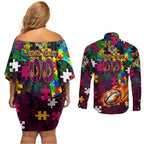 Broncos Autism Awareness Couples Matching Off Shoulder Short Dress and Long Sleeve Button Shirt Puzzle Flames Rugby Ball