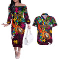 Broncos Autism Awareness Couples Matching Off The Shoulder Long Sleeve Dress and Hawaiian Shirt Puzzle Flames Rugby Ball