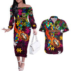 Broncos Autism Awareness Couples Matching Off The Shoulder Long Sleeve Dress and Hawaiian Shirt Puzzle Flames Rugby Ball