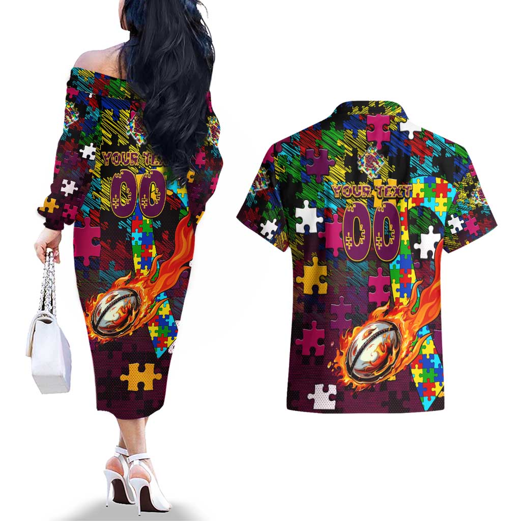 Broncos Autism Awareness Couples Matching Off The Shoulder Long Sleeve Dress and Hawaiian Shirt Puzzle Flames Rugby Ball