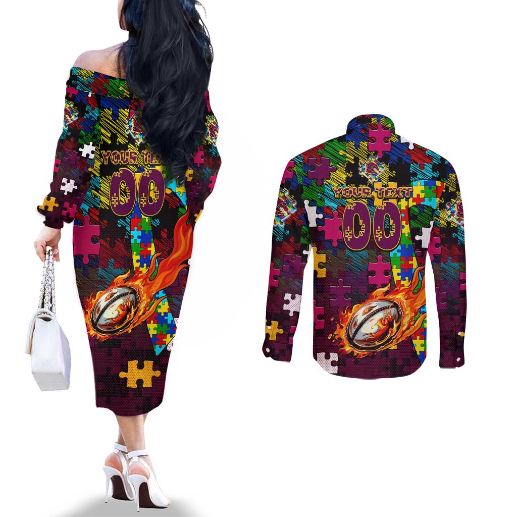 Broncos Autism Awareness Couples Matching Off The Shoulder Long Sleeve Dress and Long Sleeve Button Shirt Puzzle Flames Rugby Ball