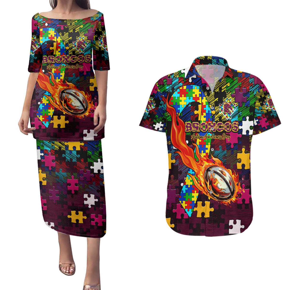 Broncos Autism Awareness Couples Matching Puletasi and Hawaiian Shirt Puzzle Flames Rugby Ball