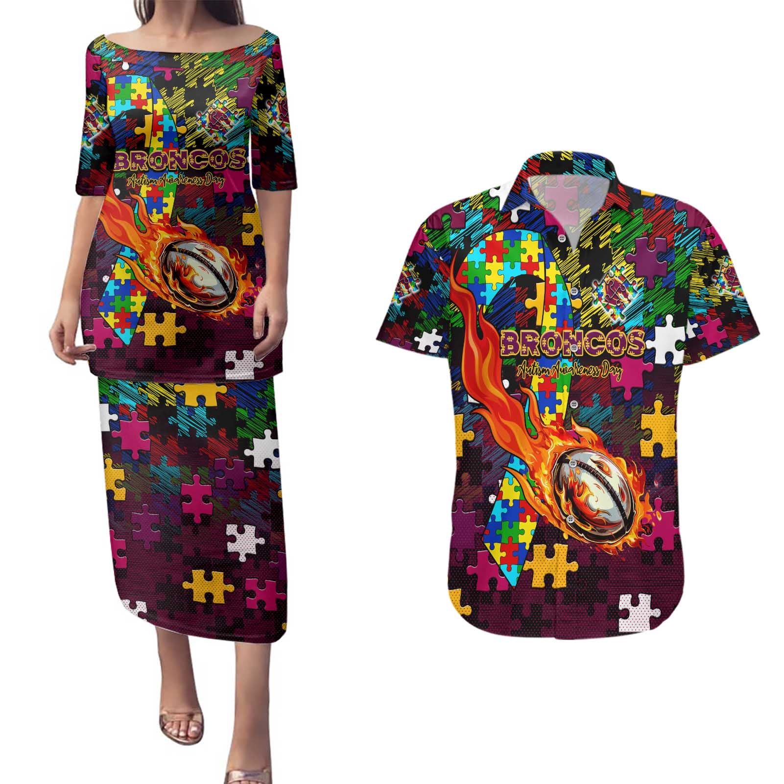 Broncos Autism Awareness Couples Matching Puletasi and Hawaiian Shirt Puzzle Flames Rugby Ball
