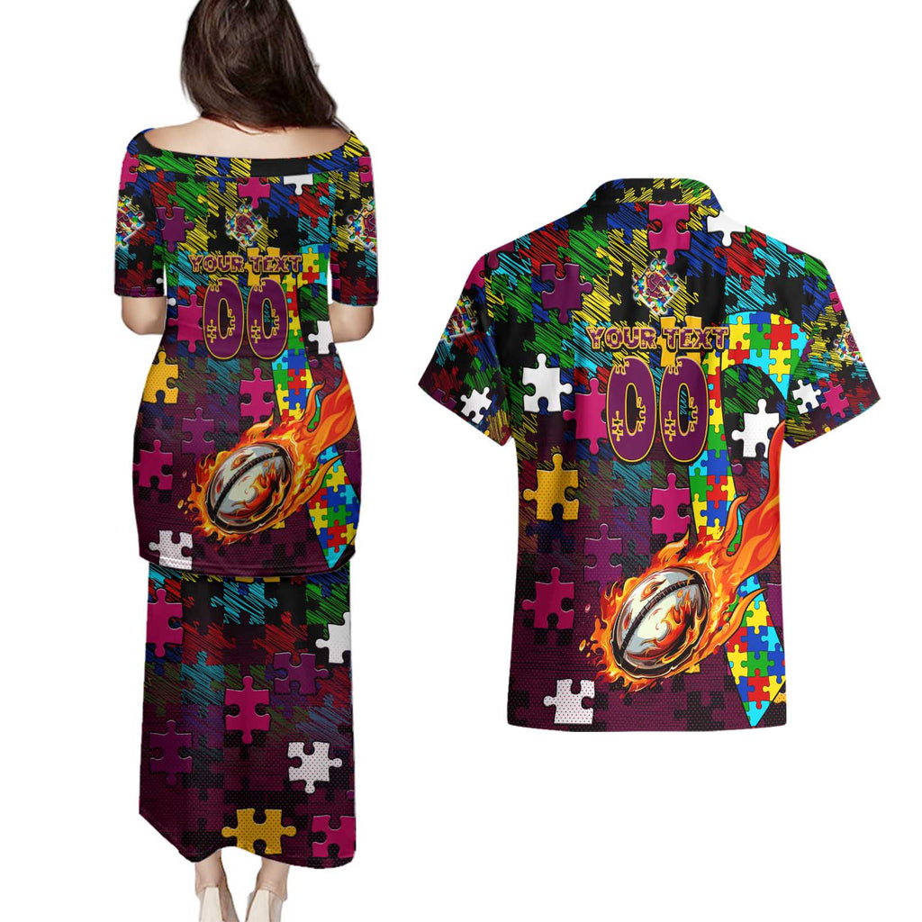 Broncos Autism Awareness Couples Matching Puletasi and Hawaiian Shirt Puzzle Flames Rugby Ball