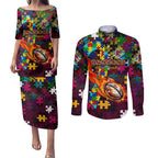 Broncos Autism Awareness Couples Matching Puletasi and Long Sleeve Button Shirt Puzzle Flames Rugby Ball