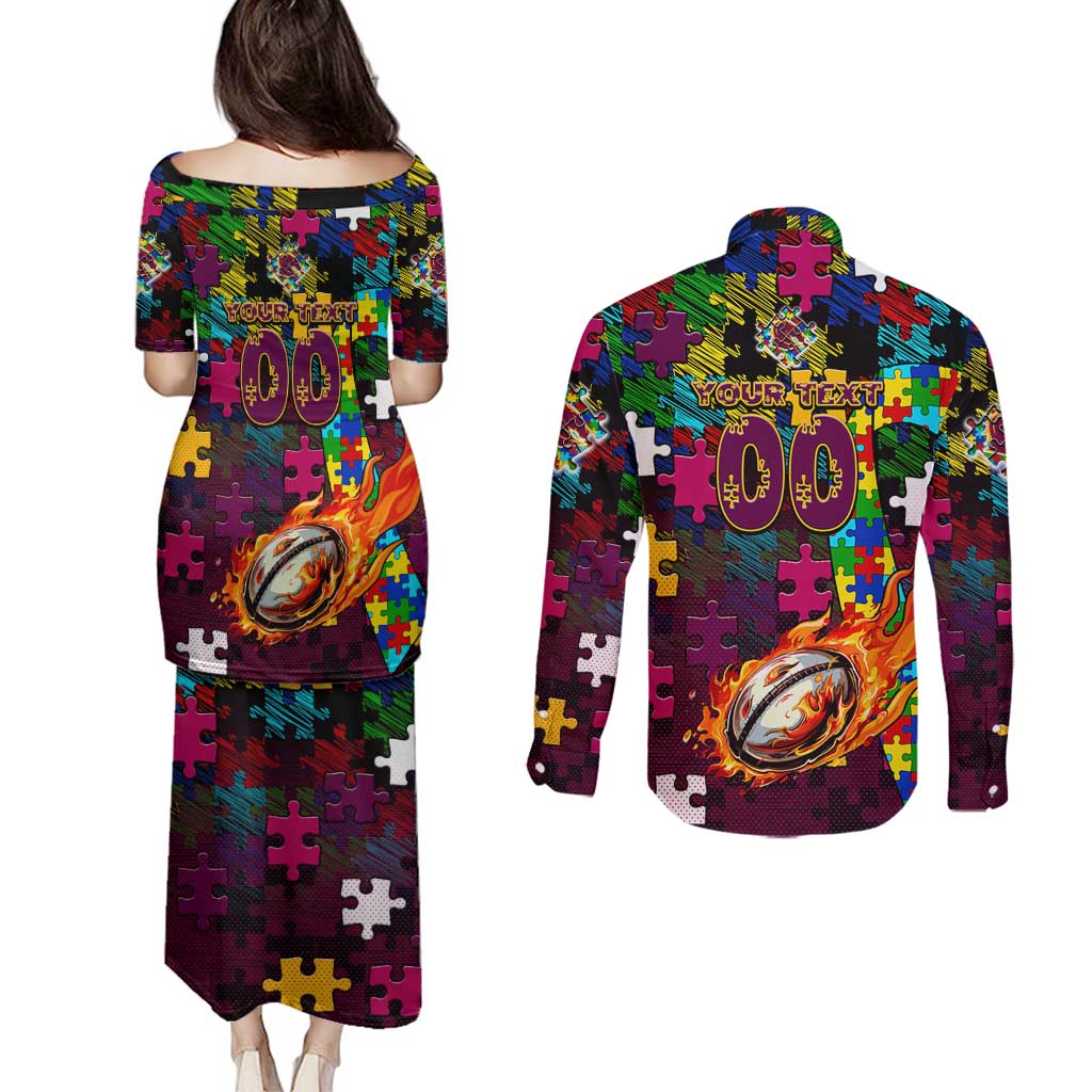 Broncos Autism Awareness Couples Matching Puletasi and Long Sleeve Button Shirt Puzzle Flames Rugby Ball