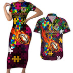 Broncos Autism Awareness Couples Matching Short Sleeve Bodycon Dress and Hawaiian Shirt Puzzle Flames Rugby Ball