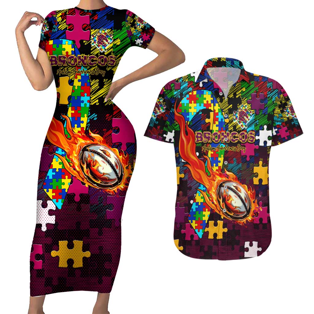 Broncos Autism Awareness Couples Matching Short Sleeve Bodycon Dress and Hawaiian Shirt Puzzle Flames Rugby Ball