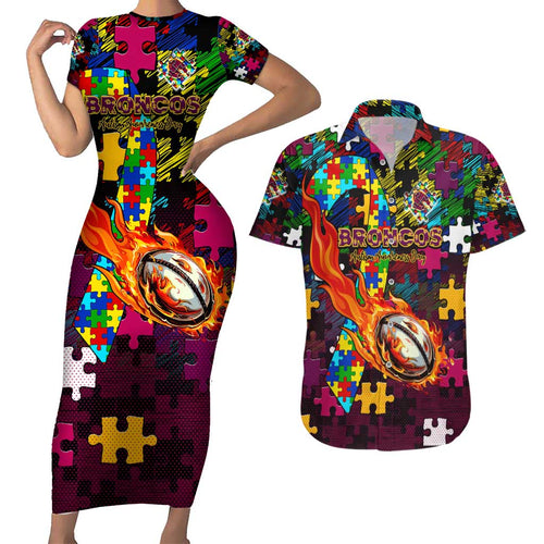 Broncos Autism Awareness Couples Matching Short Sleeve Bodycon Dress and Hawaiian Shirt Puzzle Flames Rugby Ball