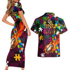 Broncos Autism Awareness Couples Matching Short Sleeve Bodycon Dress and Hawaiian Shirt Puzzle Flames Rugby Ball