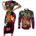Broncos Autism Awareness Couples Matching Short Sleeve Bodycon Dress and Long Sleeve Button Shirt Puzzle Flames Rugby Ball