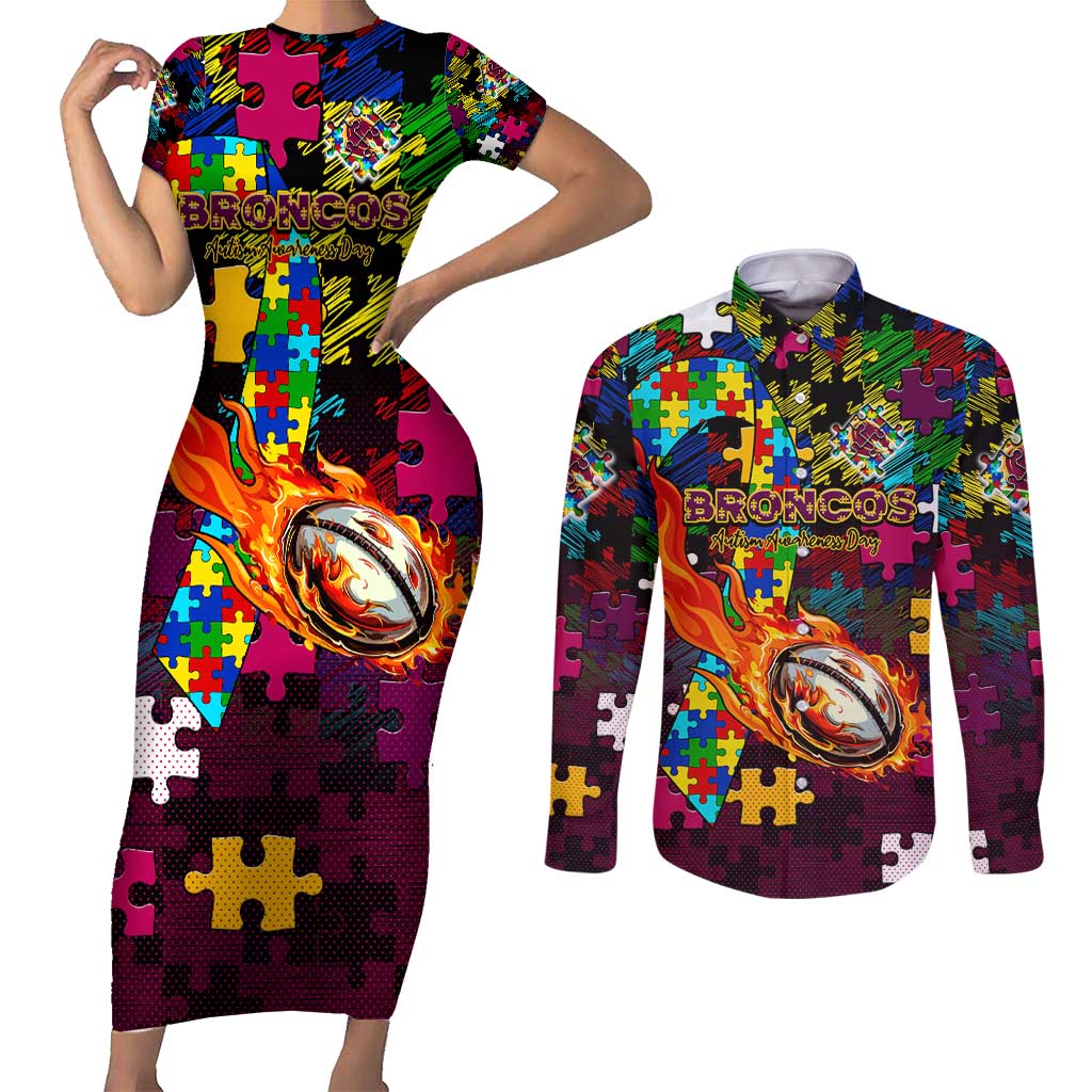 Broncos Autism Awareness Couples Matching Short Sleeve Bodycon Dress and Long Sleeve Button Shirt Puzzle Flames Rugby Ball