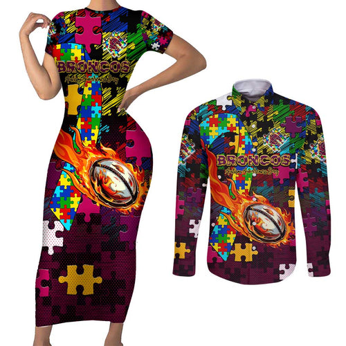 Broncos Autism Awareness Couples Matching Short Sleeve Bodycon Dress and Long Sleeve Button Shirt Puzzle Flames Rugby Ball