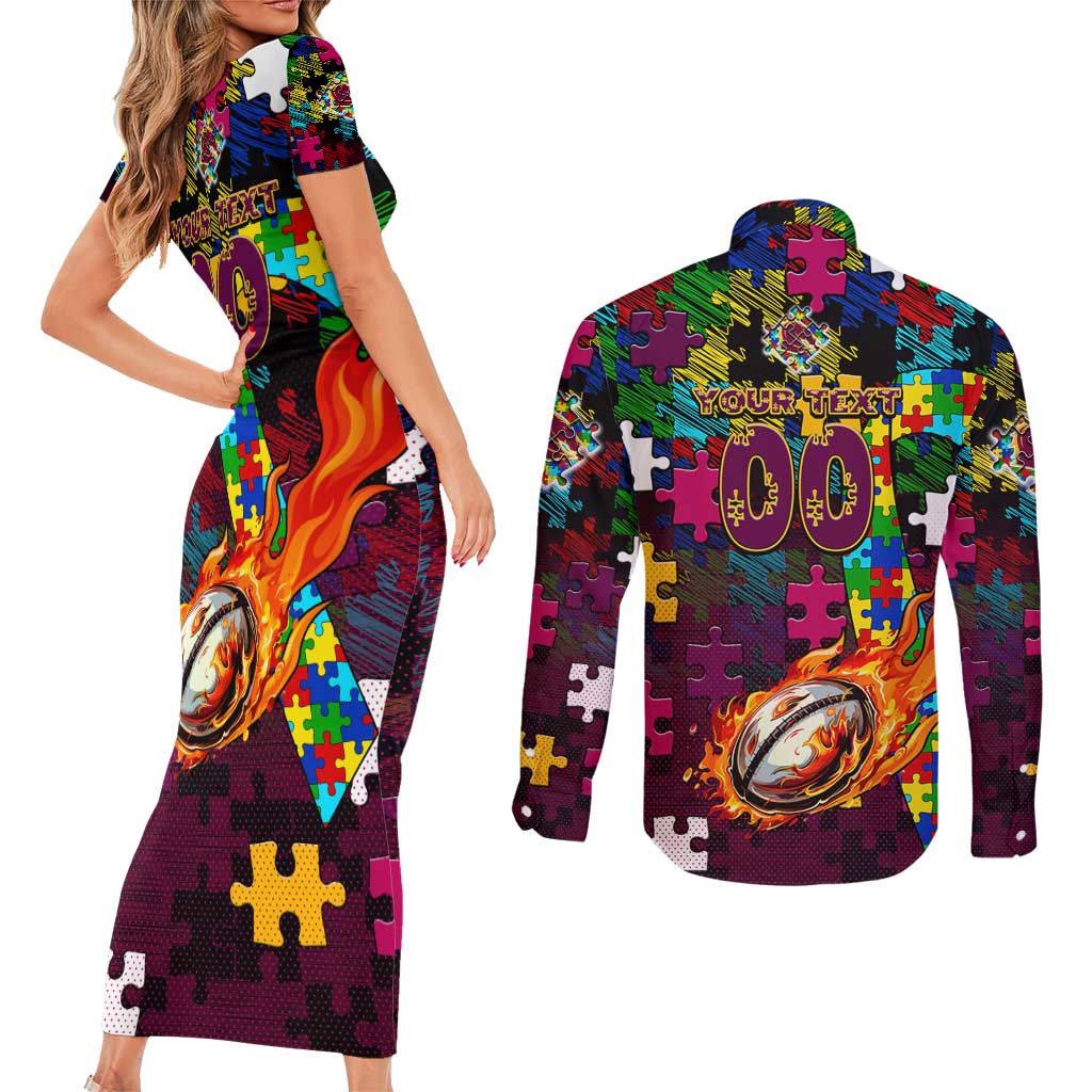Broncos Autism Awareness Couples Matching Short Sleeve Bodycon Dress and Long Sleeve Button Shirt Puzzle Flames Rugby Ball