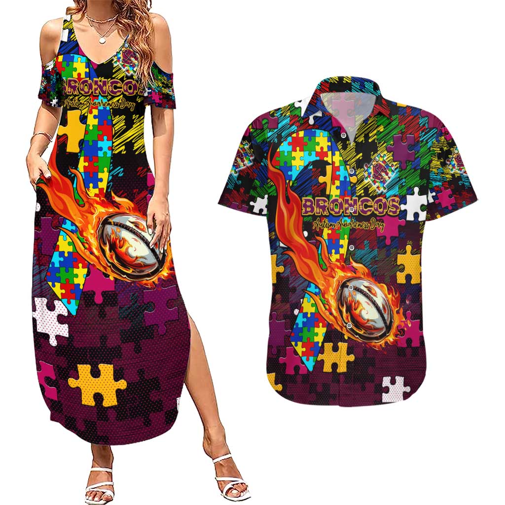 Broncos Autism Awareness Couples Matching Summer Maxi Dress and Hawaiian Shirt Puzzle Flames Rugby Ball