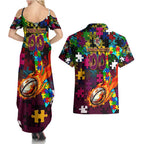 Broncos Autism Awareness Couples Matching Summer Maxi Dress and Hawaiian Shirt Puzzle Flames Rugby Ball