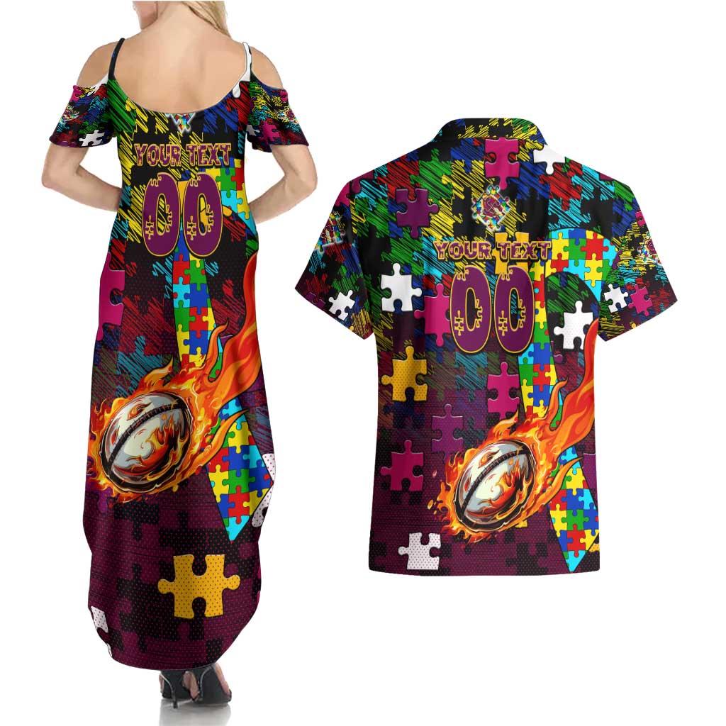 Broncos Autism Awareness Couples Matching Summer Maxi Dress and Hawaiian Shirt Puzzle Flames Rugby Ball