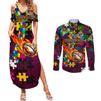 Broncos Autism Awareness Couples Matching Summer Maxi Dress and Long Sleeve Button Shirt Puzzle Flames Rugby Ball