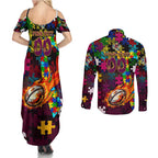 Broncos Autism Awareness Couples Matching Summer Maxi Dress and Long Sleeve Button Shirt Puzzle Flames Rugby Ball