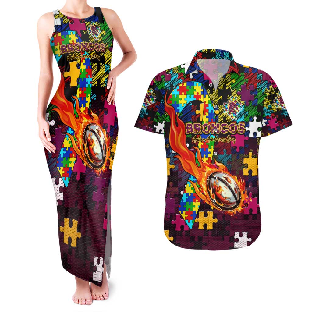 Broncos Autism Awareness Couples Matching Tank Maxi Dress and Hawaiian Shirt Puzzle Flames Rugby Ball