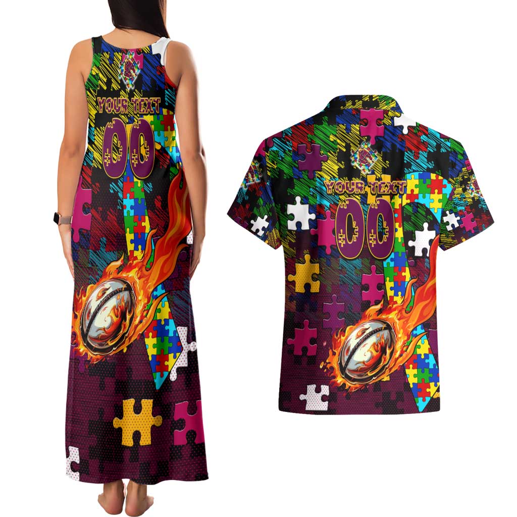 Broncos Autism Awareness Couples Matching Tank Maxi Dress and Hawaiian Shirt Puzzle Flames Rugby Ball