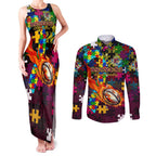 Broncos Autism Awareness Couples Matching Tank Maxi Dress and Long Sleeve Button Shirt Puzzle Flames Rugby Ball