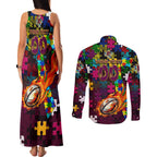 Broncos Autism Awareness Couples Matching Tank Maxi Dress and Long Sleeve Button Shirt Puzzle Flames Rugby Ball