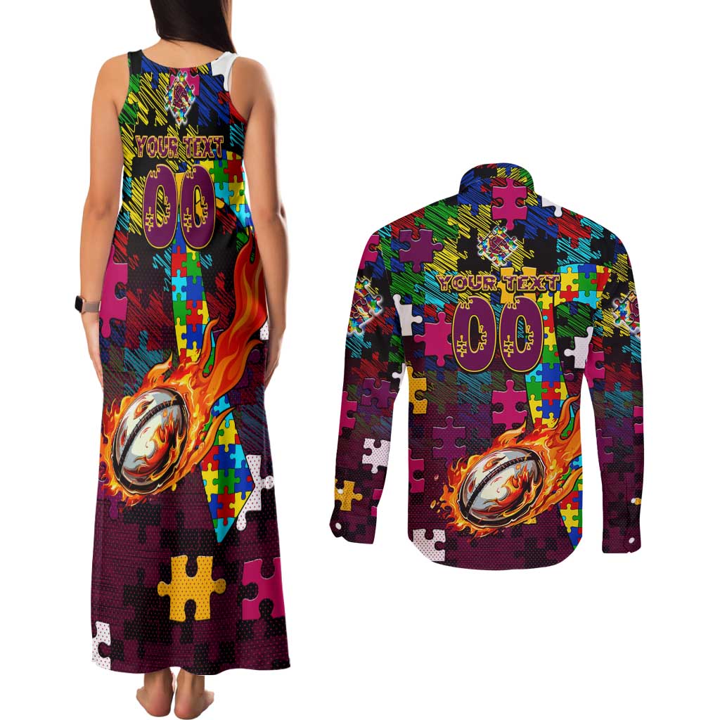 Broncos Autism Awareness Couples Matching Tank Maxi Dress and Long Sleeve Button Shirt Puzzle Flames Rugby Ball