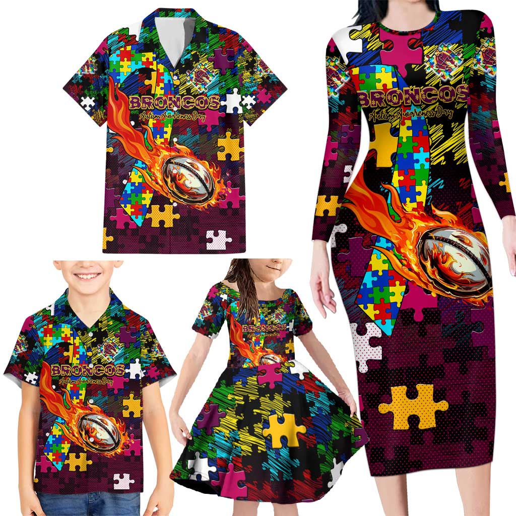 Broncos Autism Awareness Family Matching Long Sleeve Bodycon Dress and Hawaiian Shirt Puzzle Flames Rugby Ball