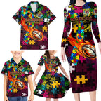 Broncos Autism Awareness Family Matching Long Sleeve Bodycon Dress and Hawaiian Shirt Puzzle Flames Rugby Ball