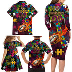 Broncos Autism Awareness Family Matching Long Sleeve Bodycon Dress and Hawaiian Shirt Puzzle Flames Rugby Ball