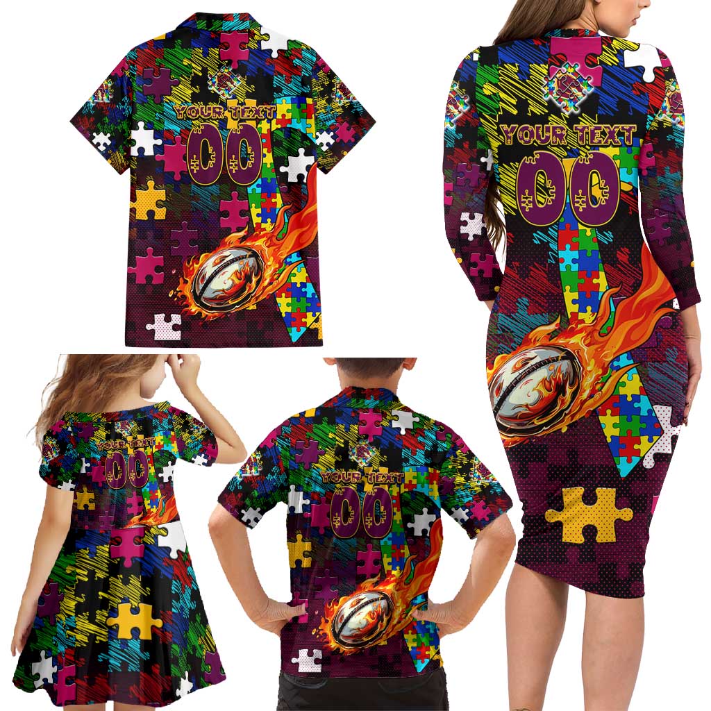 Broncos Autism Awareness Family Matching Long Sleeve Bodycon Dress and Hawaiian Shirt Puzzle Flames Rugby Ball