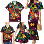Broncos Autism Awareness Family Matching Mermaid Dress and Hawaiian Shirt Puzzle Flames Rugby Ball