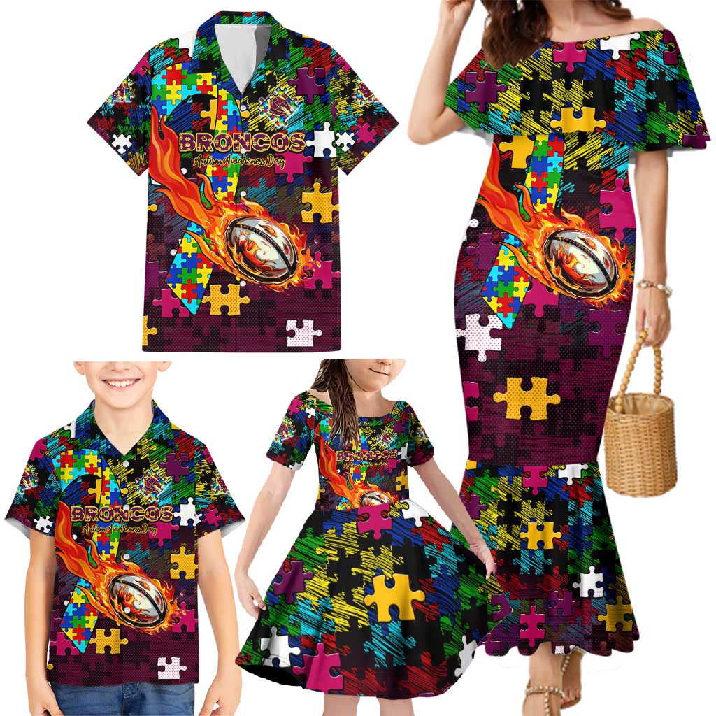 Broncos Autism Awareness Family Matching Mermaid Dress and Hawaiian Shirt Puzzle Flames Rugby Ball