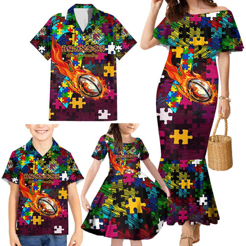 Broncos Autism Awareness Family Matching Mermaid Dress and Hawaiian Shirt Puzzle Flames Rugby Ball