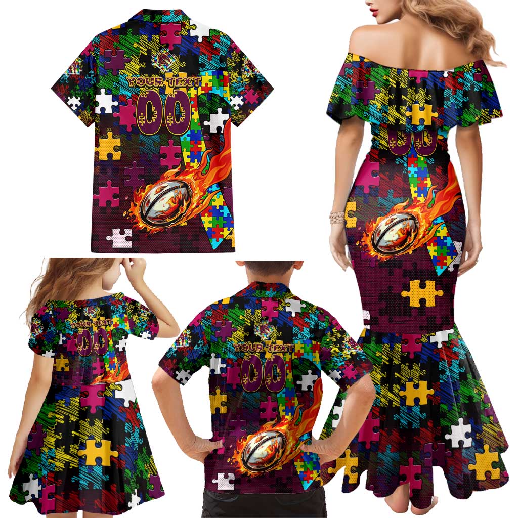 Broncos Autism Awareness Family Matching Mermaid Dress and Hawaiian Shirt Puzzle Flames Rugby Ball