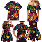 Broncos Autism Awareness Family Matching Mermaid Dress and Hawaiian Shirt Puzzle Flames Rugby Ball