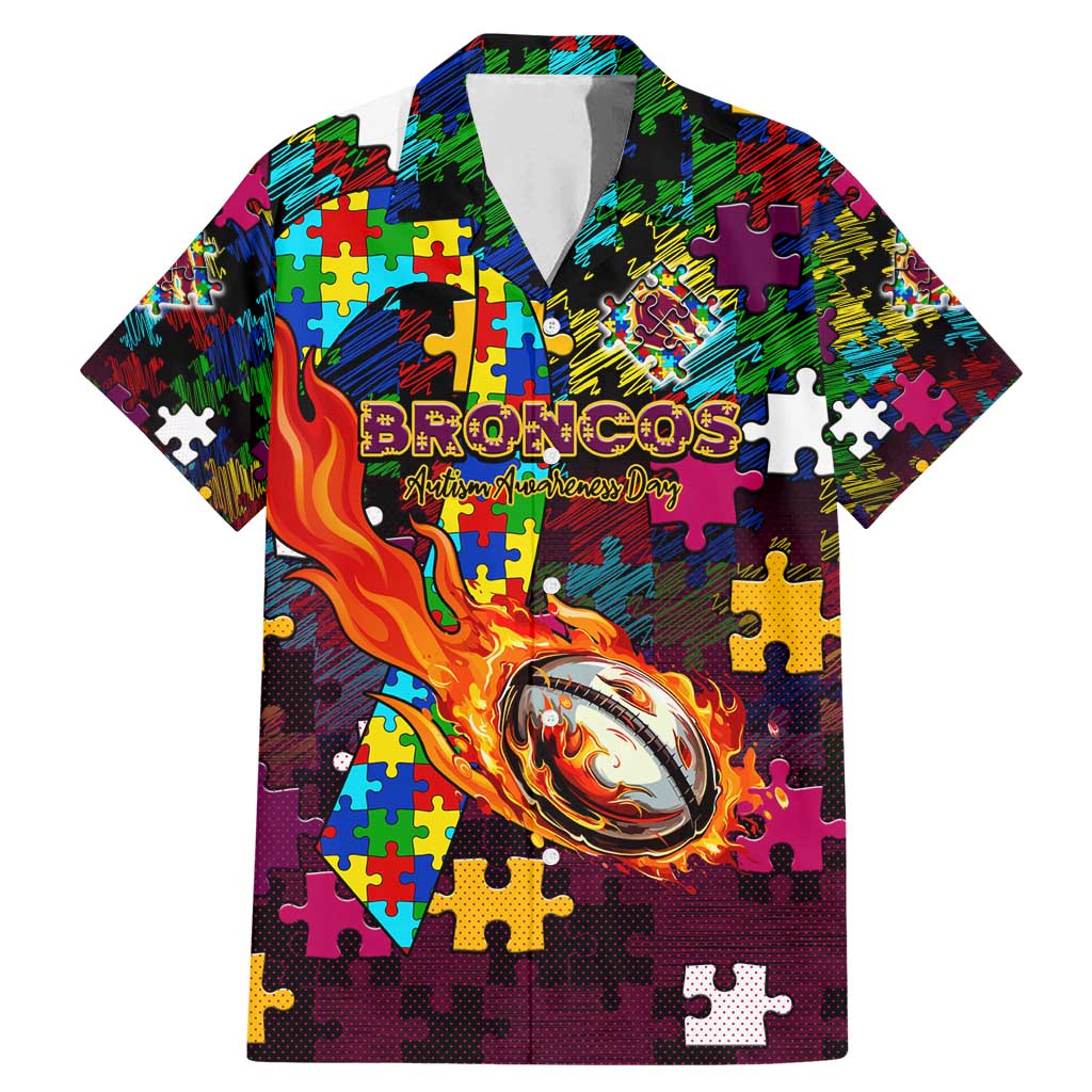 Broncos Autism Awareness Family Matching Mermaid Dress and Hawaiian Shirt Puzzle Flames Rugby Ball